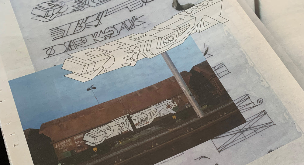 Delta's sketches beside a photograph of a painted freight train