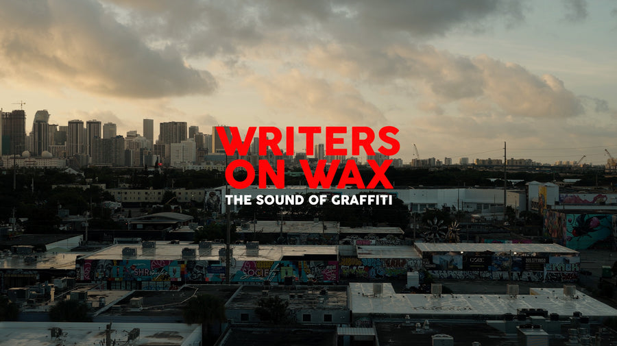 Writers on Wax: The Sound of Graffiti title over a city skyline at dusk
