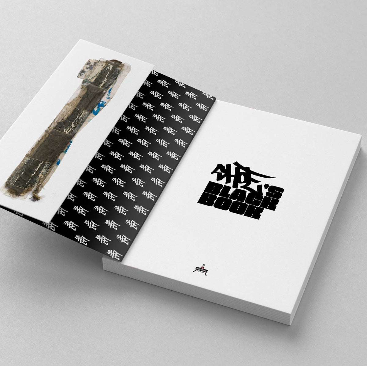 Shoe's Black Book, back cover and inside flap with a repeated tag pattern