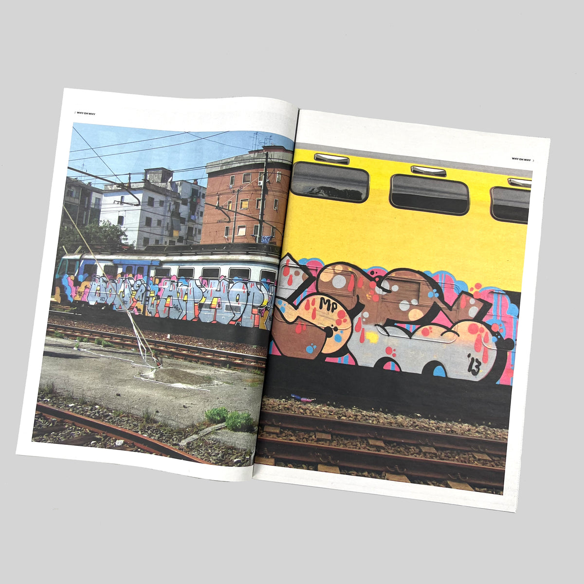 Why Oh Why, open spread with photographs of painted trains