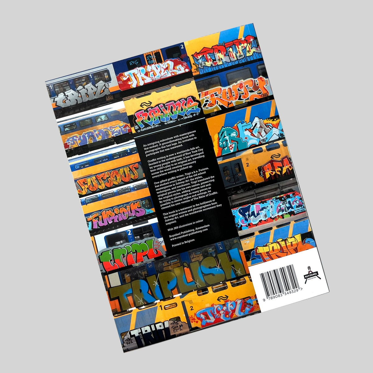Repainting Subway Art, back cover with a grid of painted trains, text and a barcode