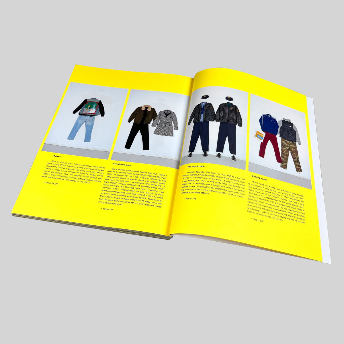 Repainting Subway Art, open spread on yellow pages with photographs of clothing
