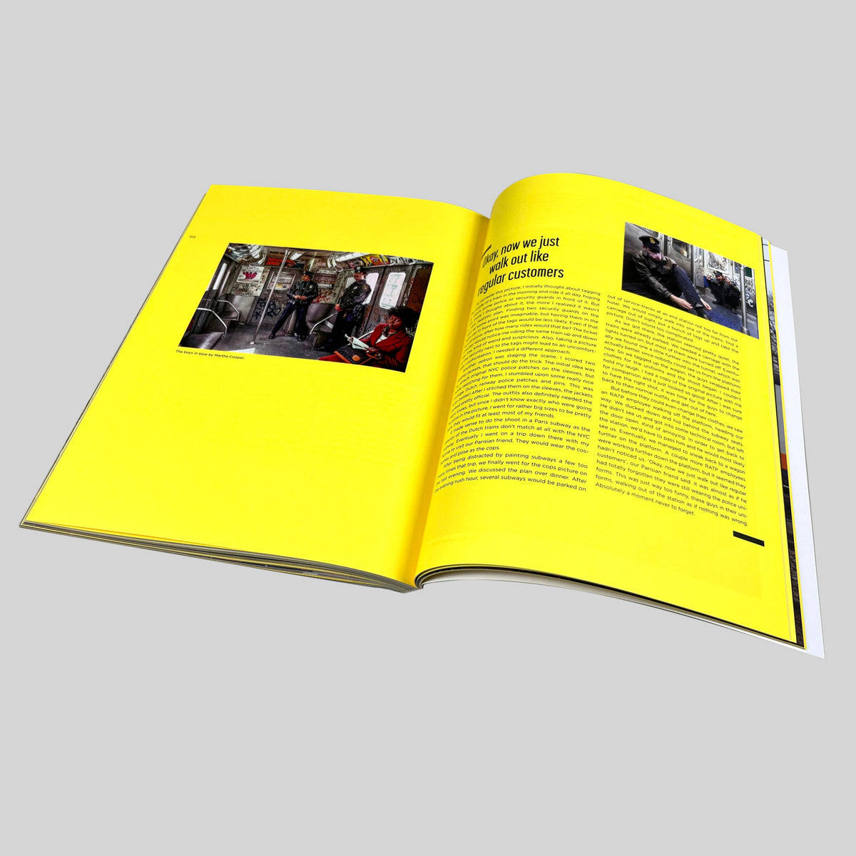 Repainting Subway Art, open spread on yellow pages with photographs inside a train and text