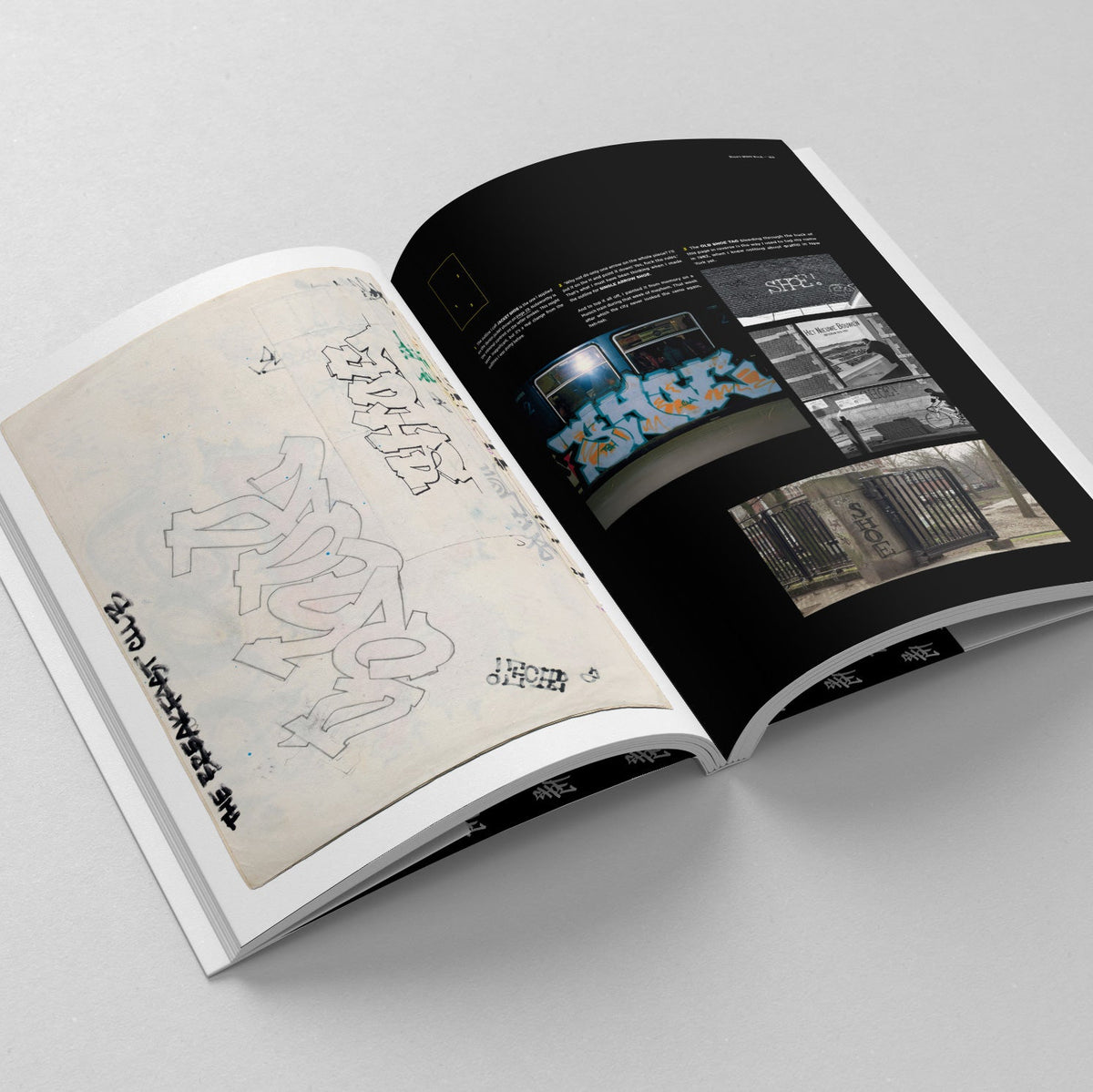 Shoe's Black Book, open spread with a black book sketch and photographs of painted trains