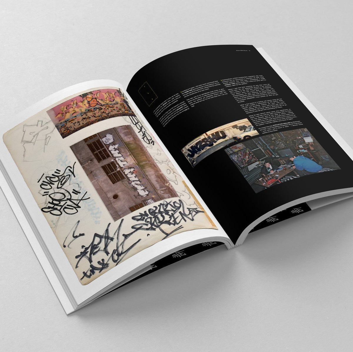 Shoe's Black Book, open spread with black book tags and a photograph of a person at a table