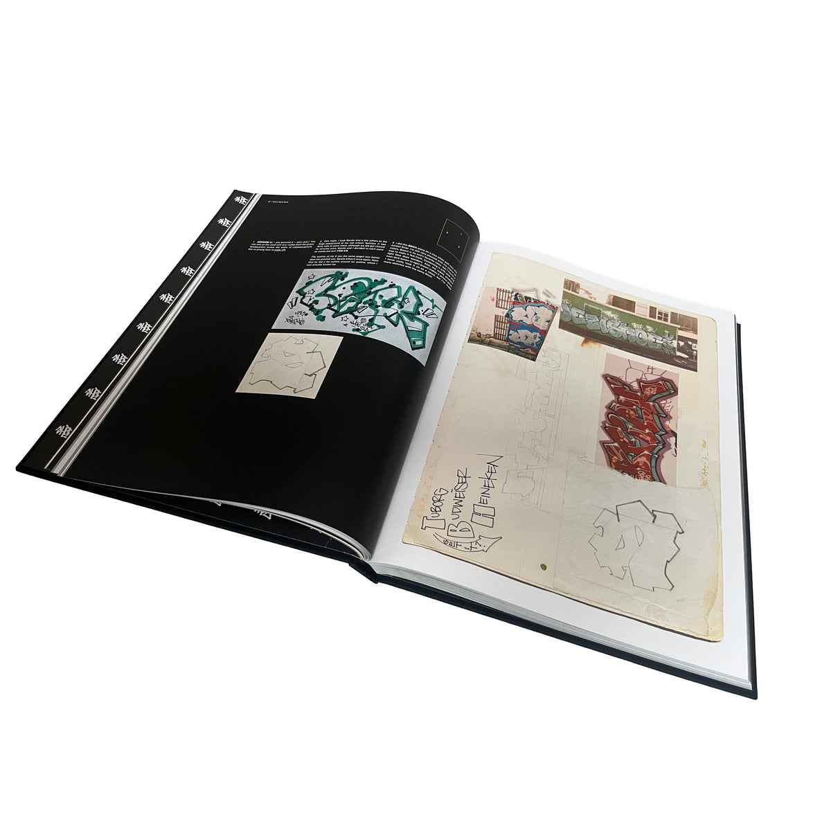 Shoe's Black Book Special Edition, open spread with black book sketches and photographs of pieces