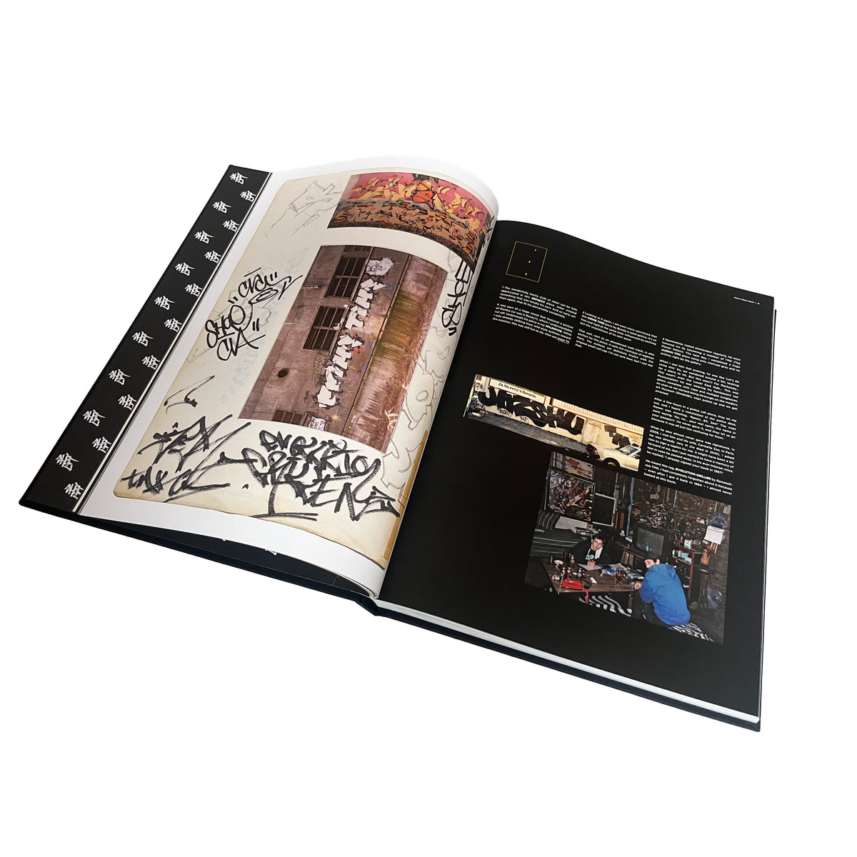 Shoe's Black Book Special Edition, open spread with a black book page with tags and a page with photographs