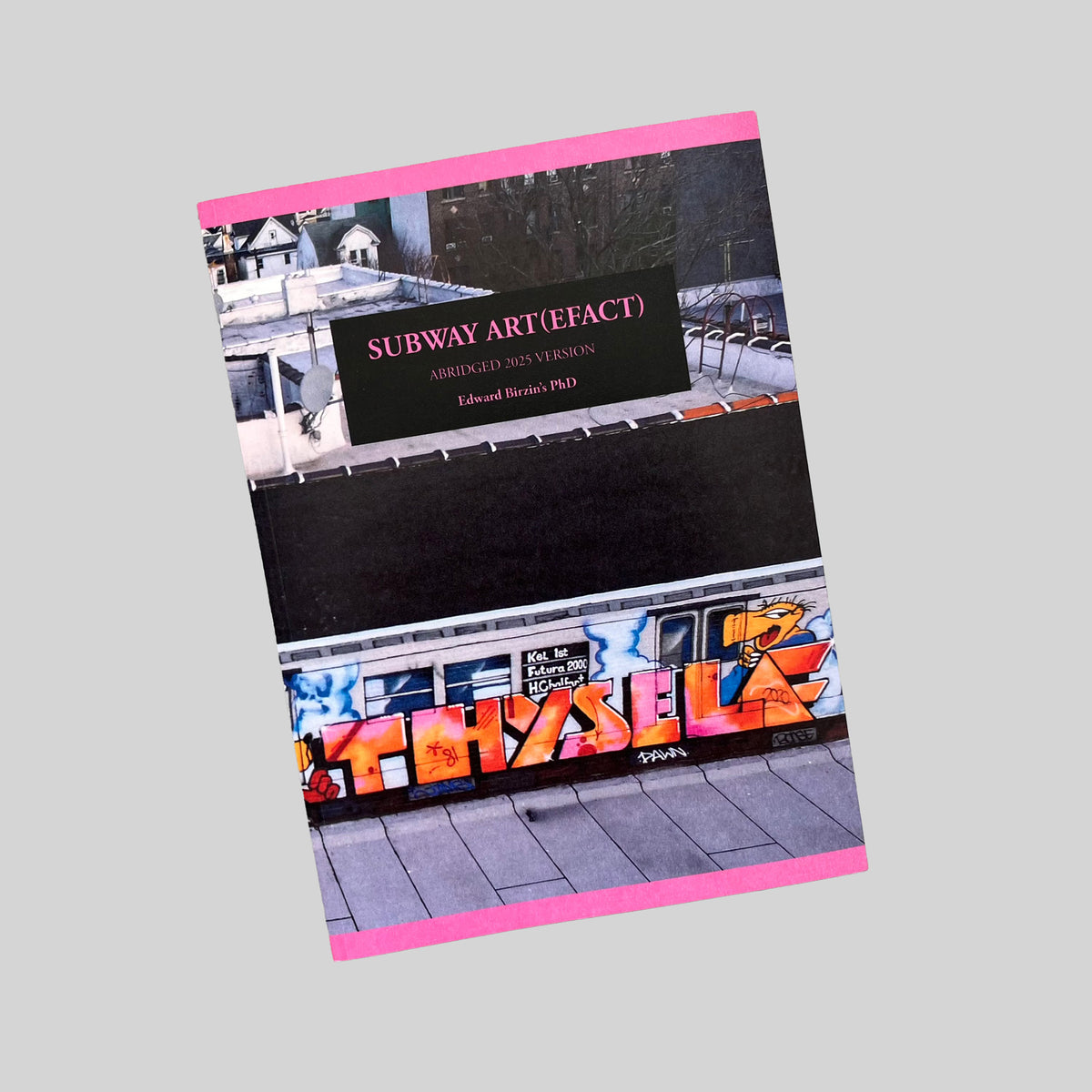Subway Art(efact), cover with a photograph of a painted subway car and a pink border, seen at an angle