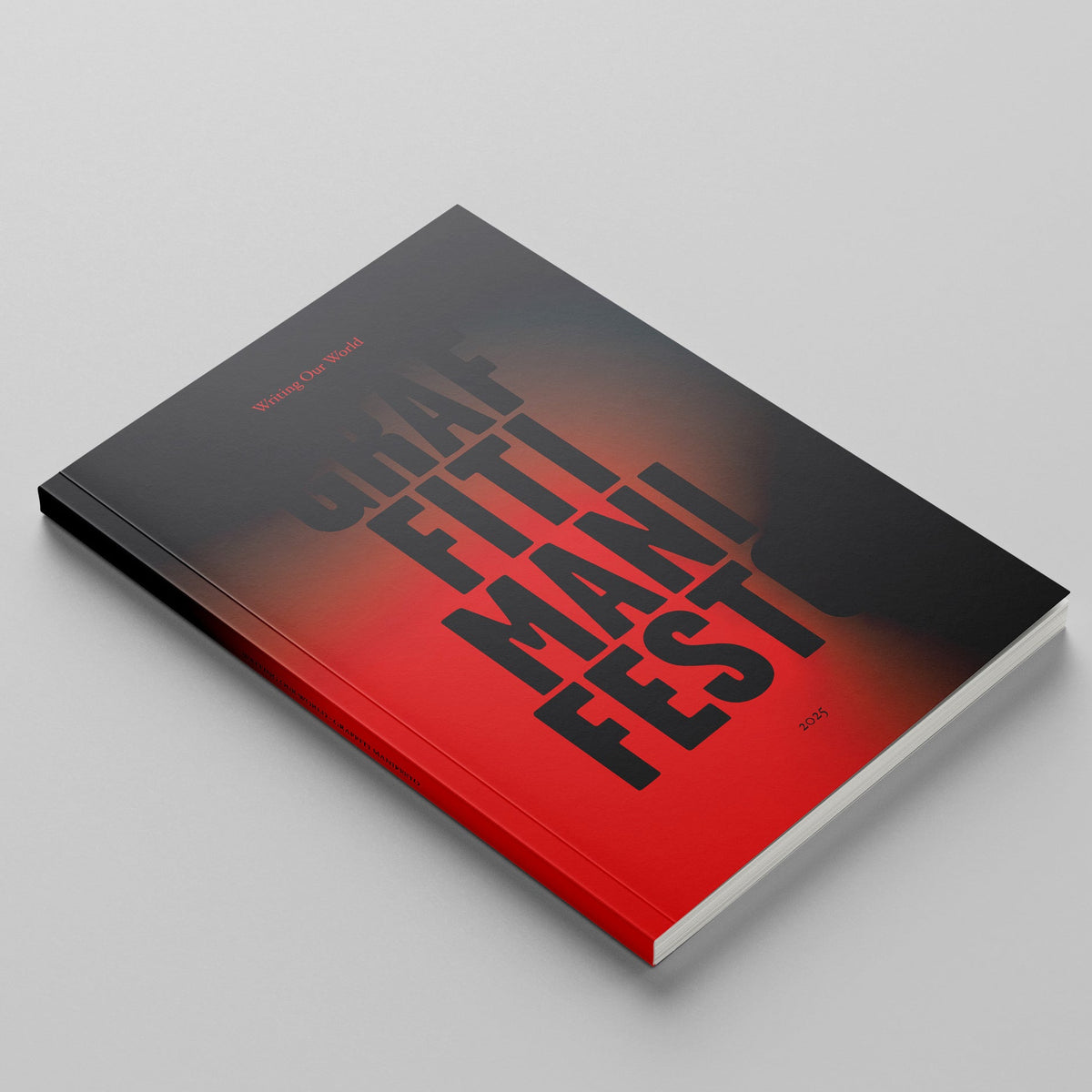 Writing Our World, cover with large black letters on a red and black gradient