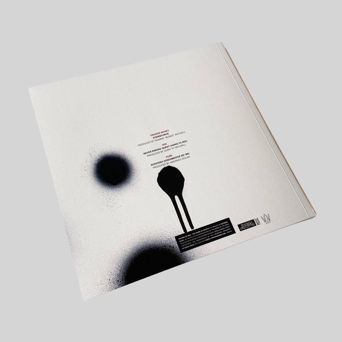 Writers on Wax All Out Kings, back of the sleeve with spray-paint dots and track credits