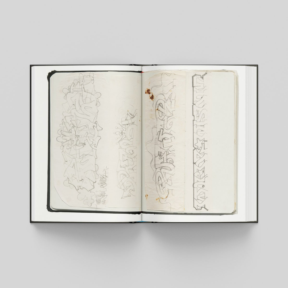 Rhone, mock-up of an open spread with pencil sketches from a black book