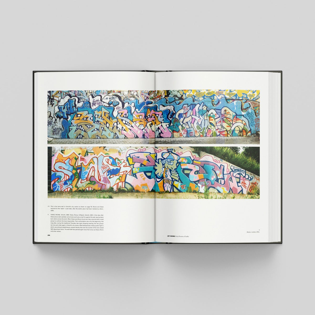 Rhone, mock-up of an open spread with photographs of two painted walls in Utrecht