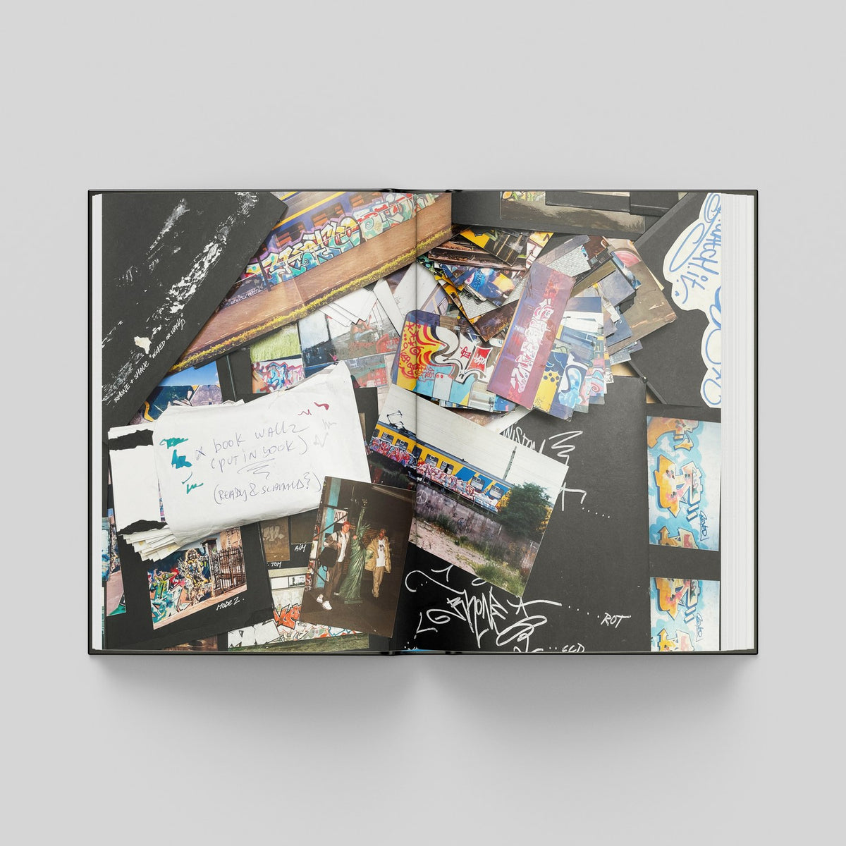 Rhone, mock-up of an open spread with archive photographs, black books and notes